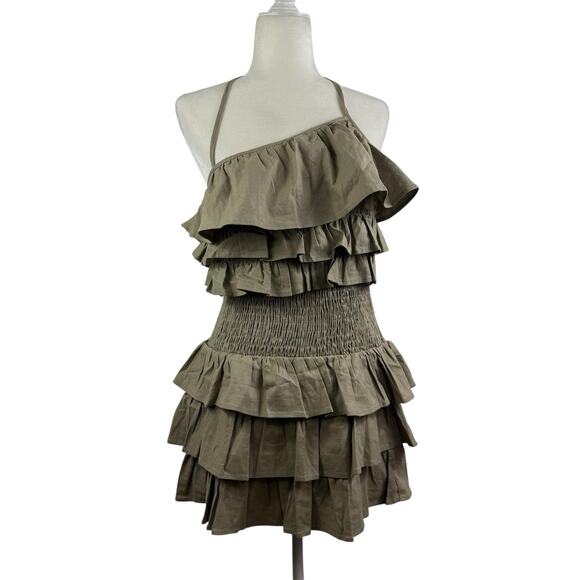 Tularosa Rory Linen Blend Mini Dress Medium Ruffled Smocked Backless Tie Neck - Picture 15 of 15